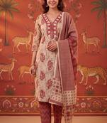 Maroon printed cotton kurta with pant and duptta