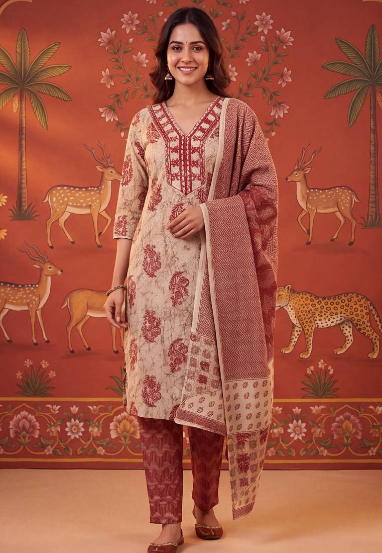 Maroon printed cotton kurta with pant and duptta