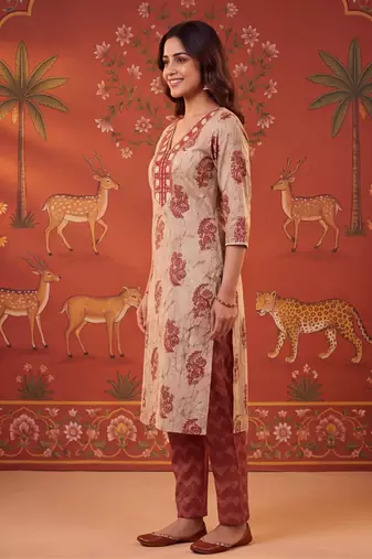 Maroon printed cotton kurta with pant and duptta