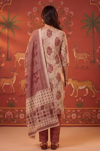 Maroon printed cotton kurta with pant and duptta