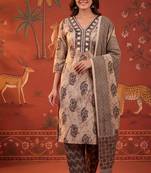 Black printed cotton kurta with pant and duptta