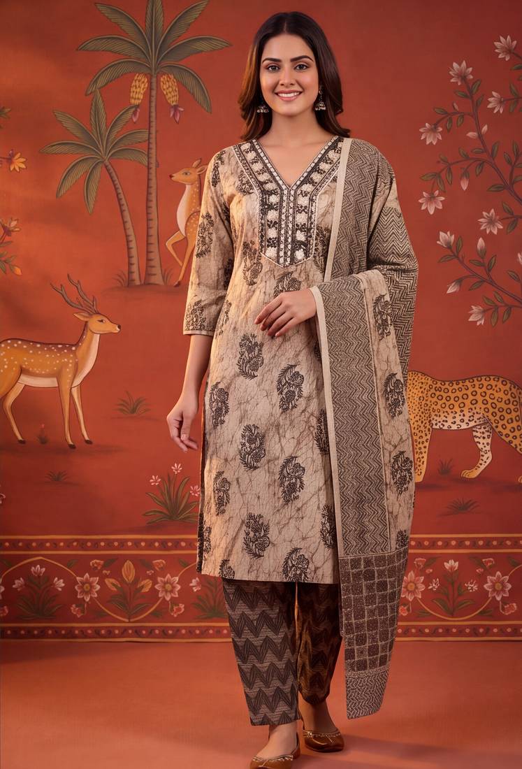 Black printed cotton kurta with pant and duptta