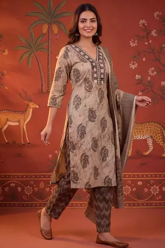 Black printed cotton kurta with pant and duptta