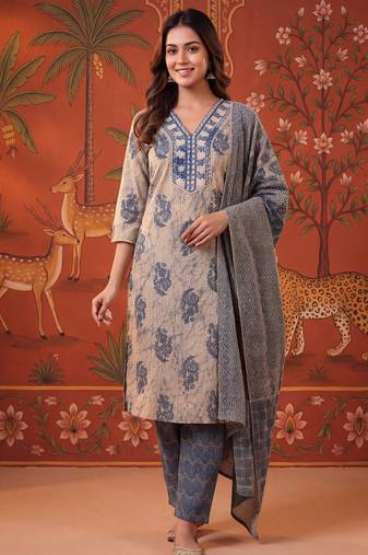Blue printed cotton kurta with pant and duptta