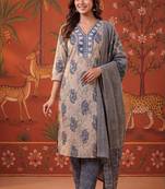Blue printed cotton kurta with pant and duptta