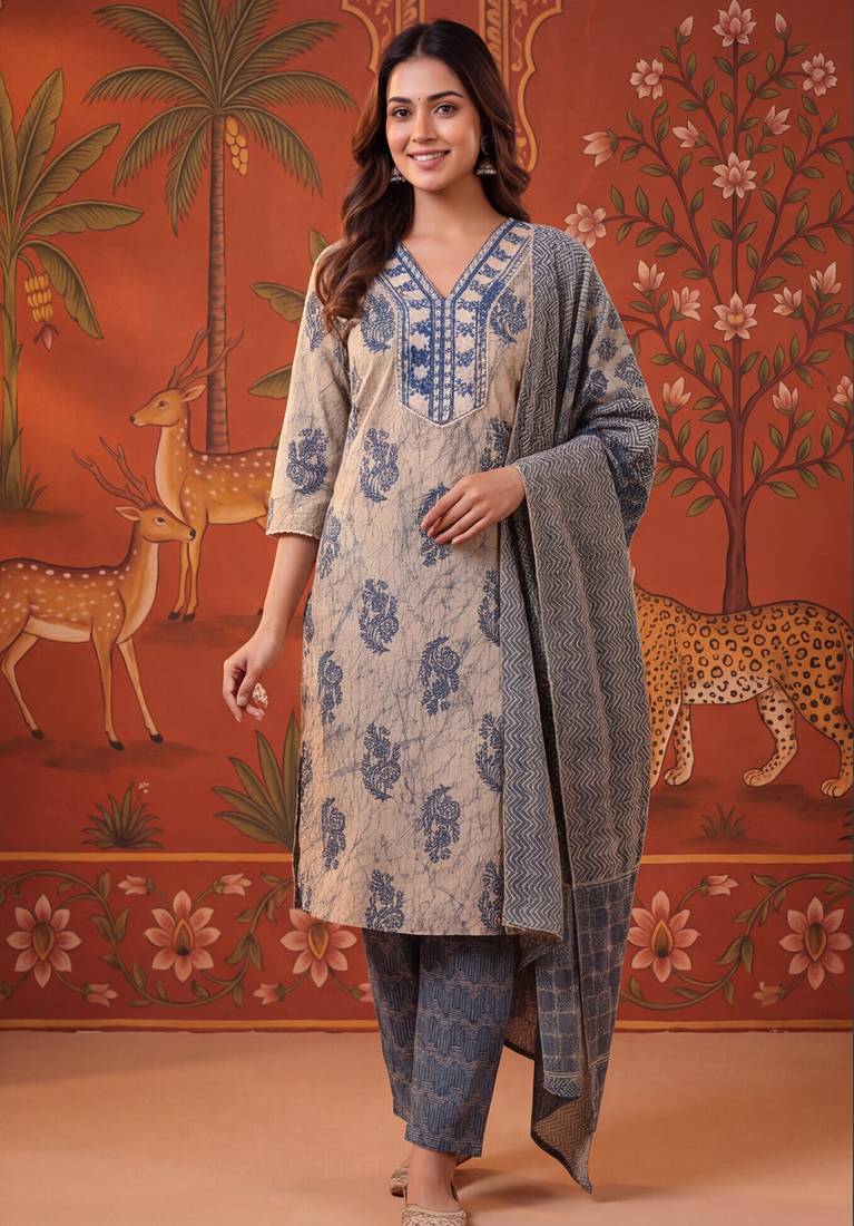 Blue printed cotton kurta with pant and duptta