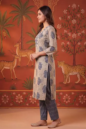 Blue printed cotton kurta with pant and duptta