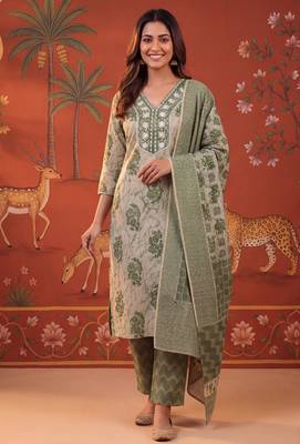 Green printed cotton kurta with pant and duptta 1