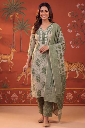 Green printed cotton kurta with pant and duptta
