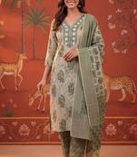 Green printed cotton kurta with pant and duptta