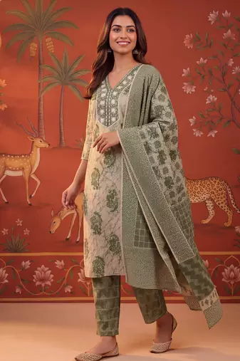 Green printed cotton kurta with pant and duptta