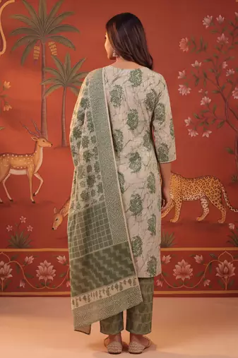 Green printed cotton kurta with pant and duptta