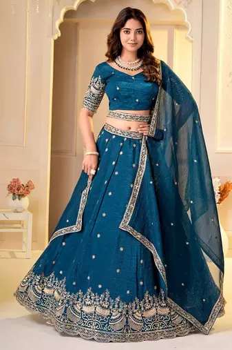  TEAL GREEN CRUNCHY SILK PARTY WEAR EMBROIDERY LEHNGHA CHOLI 