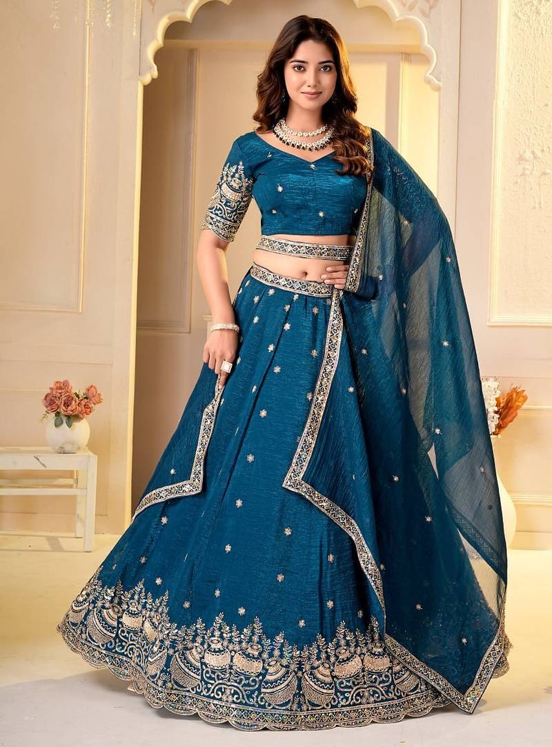  TEAL GREEN CRUNCHY SILK PARTY WEAR EMBROIDERY LEHNGHA CHOLI 