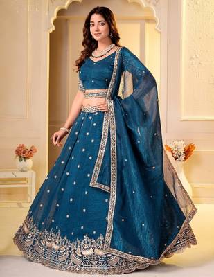  TEAL GREEN CRUNCHY SILK PARTY WEAR EMBROIDERY LEHNGHA CHOLI  2