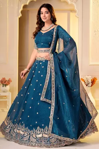  TEAL GREEN CRUNCHY SILK PARTY WEAR EMBROIDERY LEHNGHA CHOLI 