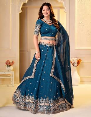  TEAL GREEN CRUNCHY SILK PARTY WEAR EMBROIDERY LEHNGHA CHOLI  3