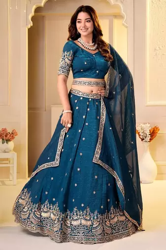  TEAL GREEN CRUNCHY SILK PARTY WEAR EMBROIDERY LEHNGHA CHOLI 