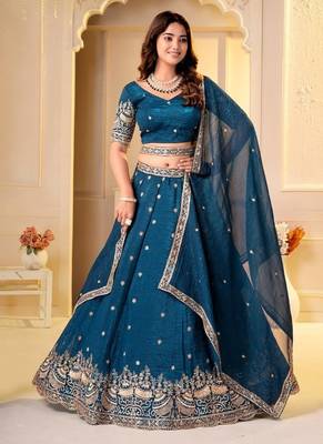  TEAL GREEN CRUNCHY SILK PARTY WEAR EMBROIDERY LEHNGHA CHOLI  4