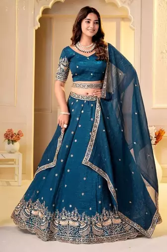  TEAL GREEN CRUNCHY SILK PARTY WEAR EMBROIDERY LEHNGHA CHOLI 
