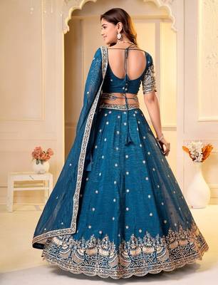  TEAL GREEN CRUNCHY SILK PARTY WEAR EMBROIDERY LEHNGHA CHOLI  5
