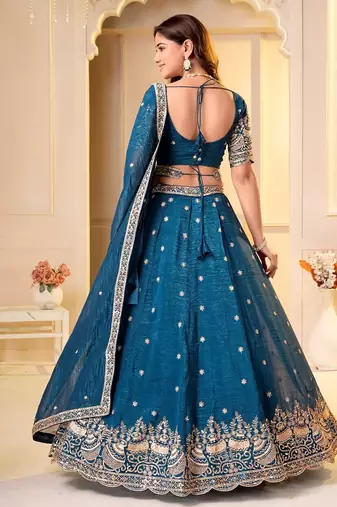  TEAL GREEN CRUNCHY SILK PARTY WEAR EMBROIDERY LEHNGHA CHOLI 