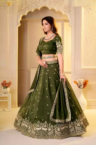 GREEN CRUNCHY SILK PARTY WEAR EMBROIDERY LEHNGHA CHOLI 