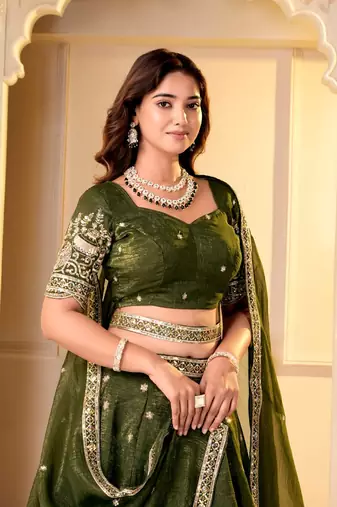 GREEN CRUNCHY SILK PARTY WEAR EMBROIDERY LEHNGHA CHOLI 