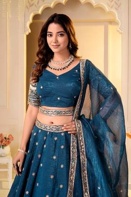  TEAL GREEN CRUNCHY SILK PARTY WEAR EMBROIDERY LEHNGHA CHOLI  6