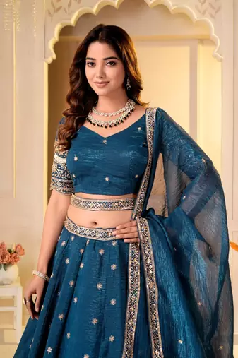  TEAL GREEN CRUNCHY SILK PARTY WEAR EMBROIDERY LEHNGHA CHOLI 