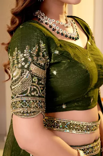 GREEN CRUNCHY SILK PARTY WEAR EMBROIDERY LEHNGHA CHOLI 
