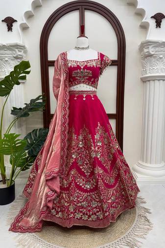 Red Mul Chanderi Thread Sequence with Cutwork lehenga choli and duppta
