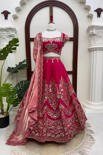 Red Mul Chanderi Thread Sequence with Cutwork lehenga choli and duppta