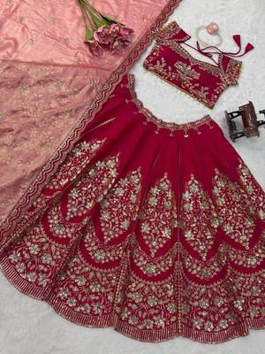 Red Mul Chanderi Thread Sequence with Cutwork lehenga choli and duppta 2