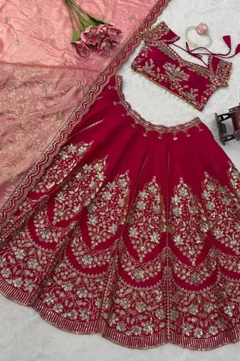Red Mul Chanderi Thread Sequence with Cutwork lehenga choli and duppta