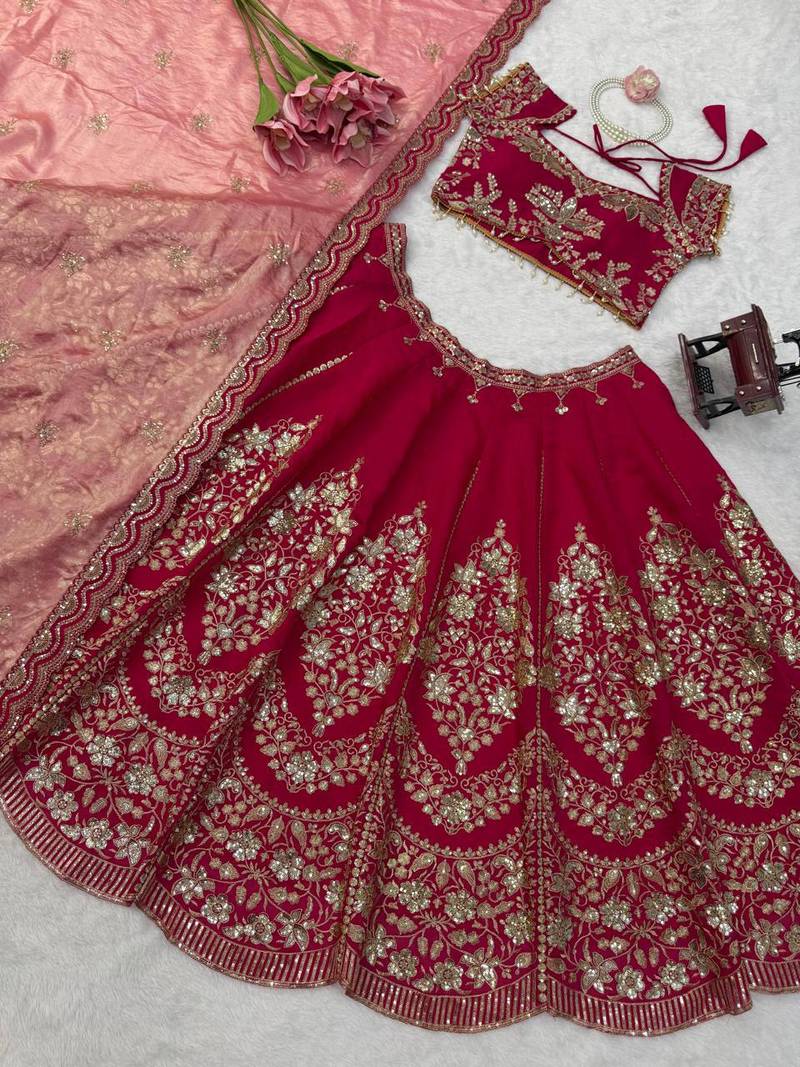 Red Mul Chanderi Thread Sequence with Cutwork lehenga choli and duppta