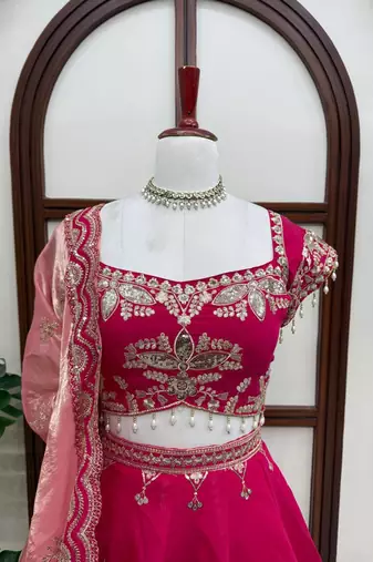 Red Mul Chanderi Thread Sequence with Cutwork lehenga choli and duppta