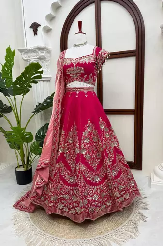 Red Mul Chanderi Thread Sequence with Cutwork lehenga choli and duppta