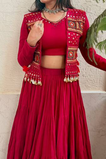 Red Shrug Navratri Lehenga Choli