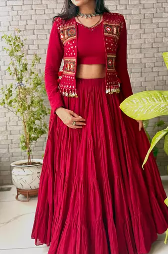 Red Shrug Navratri Lehenga Choli