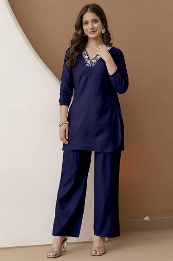 Navyblue stylish soft viscose silk kurta and pant casual wear co-ord set