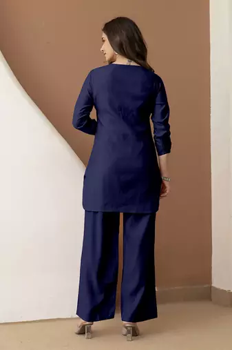 Navyblue stylish soft viscose silk kurta and pant casual wear co-ord set