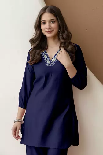 Navyblue stylish soft viscose silk kurta and pant casual wear co-ord set