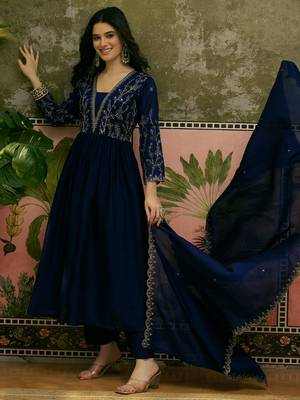 Blue color vichitra silk fabric smart and girlie ethnic kurta set 1