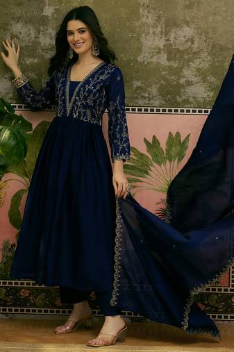 Blue color vichitra silk fabric smart and girlie ethnic kurta set