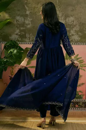 Blue color vichitra silk fabric smart and girlie ethnic kurta set