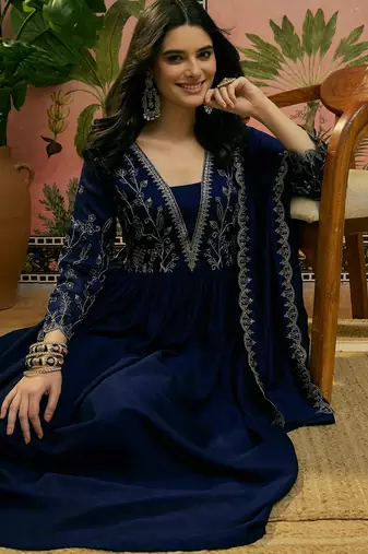 Blue color vichitra silk fabric smart and girlie ethnic kurta set