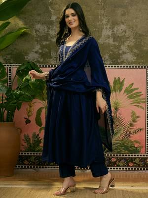 Blue color vichitra silk fabric smart and girlie ethnic kurta set 4