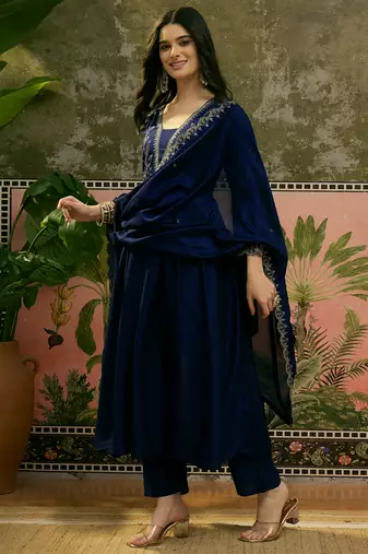 Blue color vichitra silk fabric smart and girlie ethnic kurta set