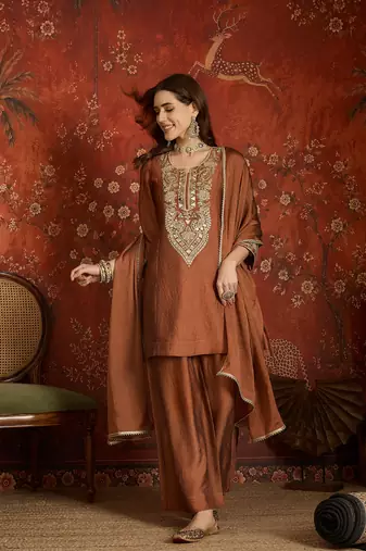 Rust color beautiful ceremonial heavy embroidered ceremonial salwar kameez